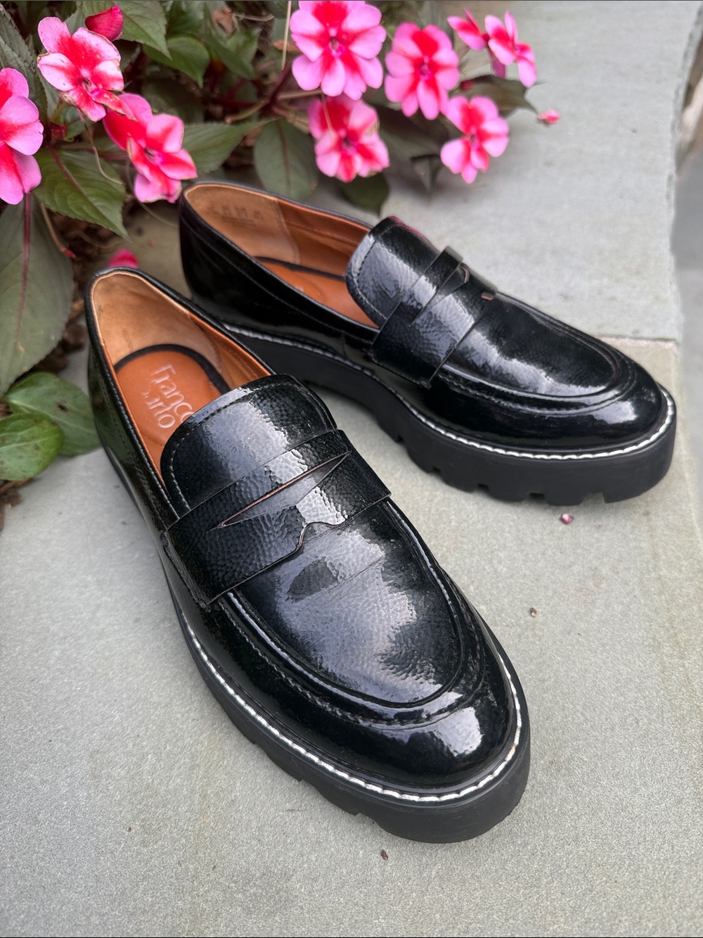 Women's Franco Sarto Black Patent Leather Lug Sole Penny Loafers Size 7.5